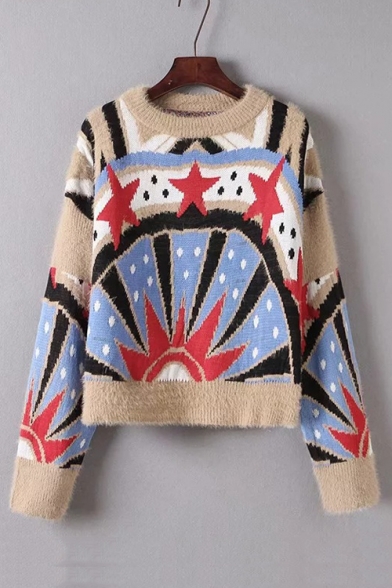 Geometric Pentagram Round Neck Long Sleeve Pullover Sweater