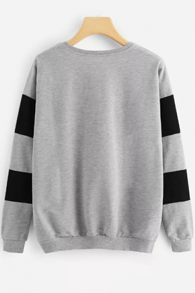 Geometric Print Color Block Long Sleeve Round Neck Pullover Sweatshirt