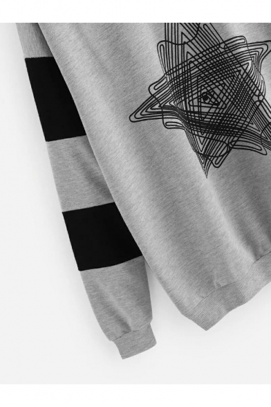 Geometric Print Color Block Long Sleeve Round Neck Pullover Sweatshirt