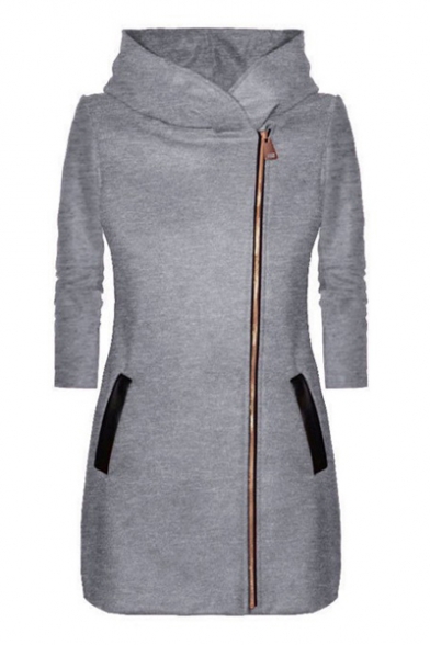 Long Sleeve Plain Offset Zip Closure Tunic Hooded Coat for Woman