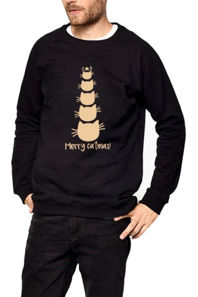 MERRY Letter Cat Print Round Neck Long Sleeve Unisex Pullover Sweatshirt