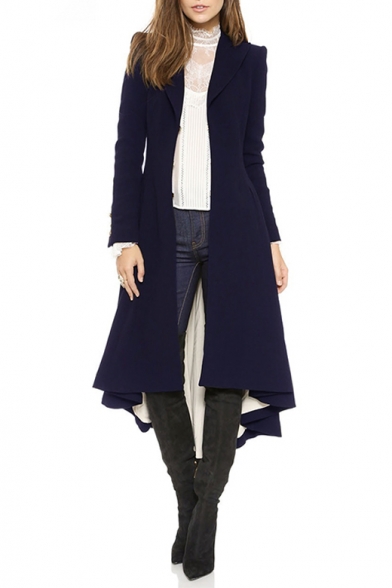 Notched Lapel Collar Long Sleeve Long Sleeve Asymmetric Hem Tunic Coat