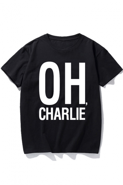 OH CHARLIE Letter Print Short Sleeve Round Neck T-Shirt