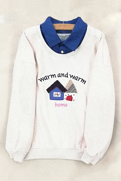 WARM AND WARM Letter House Embroidered Contrast Lapel Collar Long Sleeve Sweatshirt