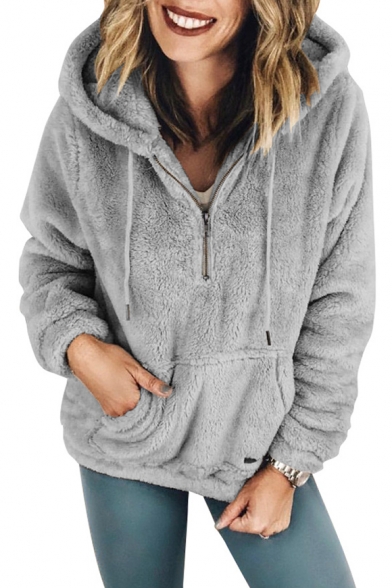 Winter Collection Plain Long Sleeve Faux Fur Half-Zip Hoodie