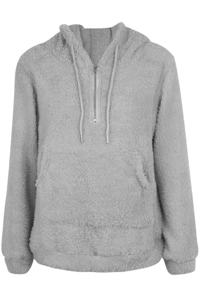 Winter Collection Plain Long Sleeve Faux Fur Half-Zip Hoodie