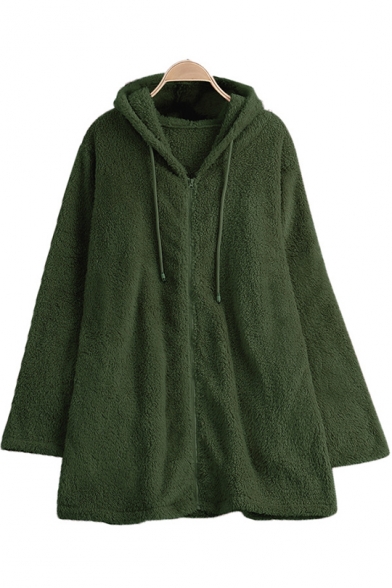 Zipper Front Plain Faux Fur Long Sleeve Hooded Coat