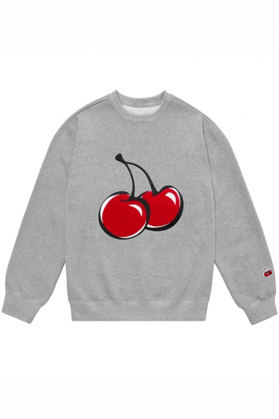 Cartoon Cherry Print Round Neck Long Sleeve Loose Sweatshirt