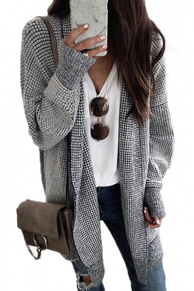 Casual Plaid Stand Collar Long Sleeve Open Front Cardigan