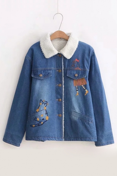 Cat Girl Embroidered Button Front Long Sleeve Denim Sherpa Jacket