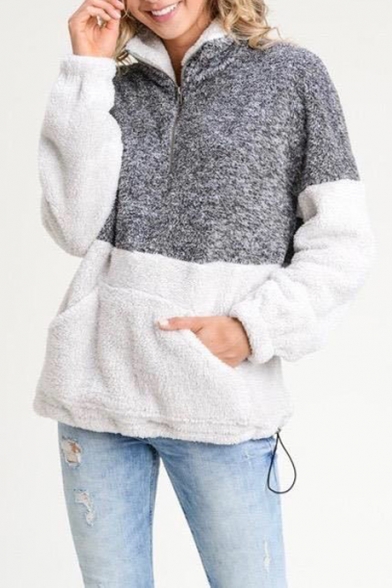 Color Block Stand Collar Long Sleeve Faux Fur Half-Zip Sweatshirt