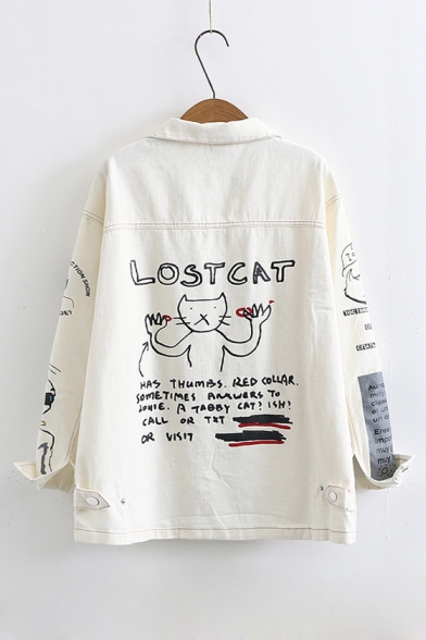 Graffiti Cat Letter Print Lapel Collar Long Sleeve Button Front Jacket