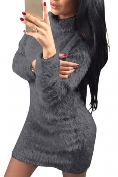 High Neck Long Sleeve Plain Faux Fur Mini Bodycon Dress