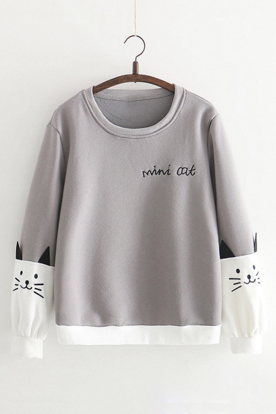 MINI CAT Letter Embroidered Color Block Round Neck Long Sleeve Sweatshirt
