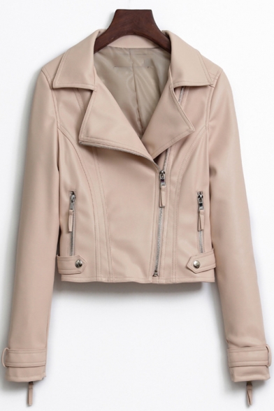 Notched Lapel Collar Long Sleeve Offset Zip Closure Cropped Leather Jacket