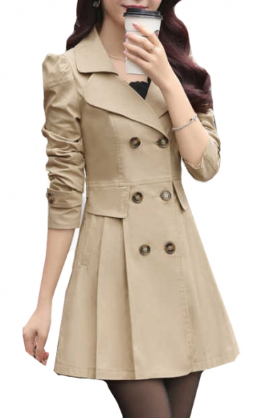 Notched Lapel Collar Plain Double Breasted Long Sleeve Slim Trench Coat