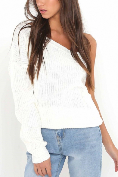 One Shoulder Plain Long Sleeve Pullover Knit Sweater