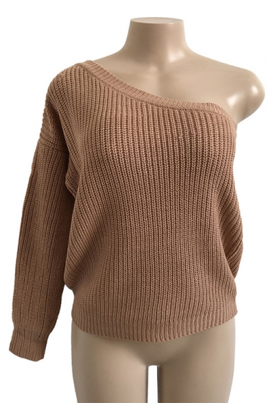 One Shoulder Plain Long Sleeve Pullover Knit Sweater