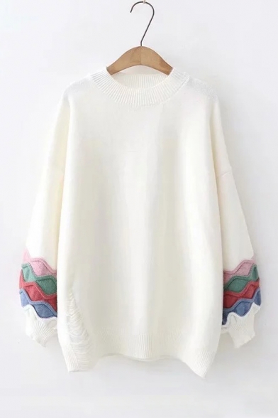 Round Neck Contrast Wave Patch Lantern Sleeve Loose Sweater