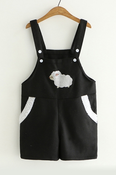 Sheep Embroidered Straps Sleeveless Overall Romper