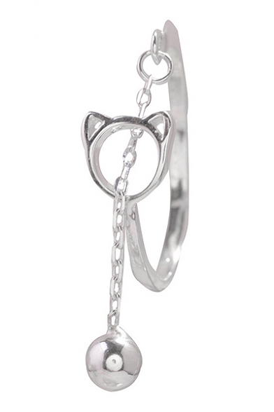Sliver Plain Cat Pattern Adjustable Chain Detail Ring
