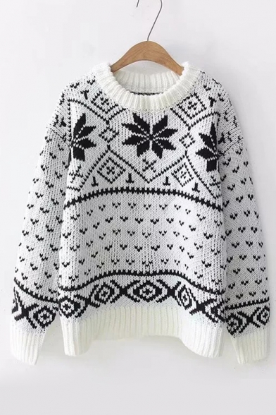 Snowflake Geometric Print Round Neck Long Sleeve Sweater