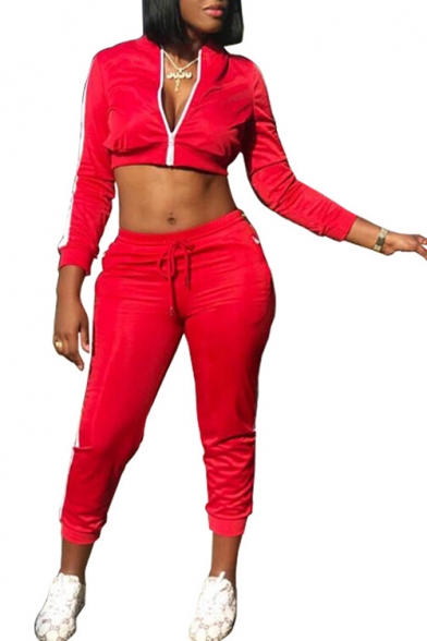 Stand Collar Zip Up Long Sleeve Cropped Jacket with Drawstring Waist Slim Pants Co-ords