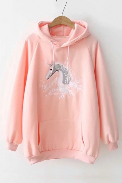 Unicorn Floral Embroidered Long Sleeve Casual Hoodie