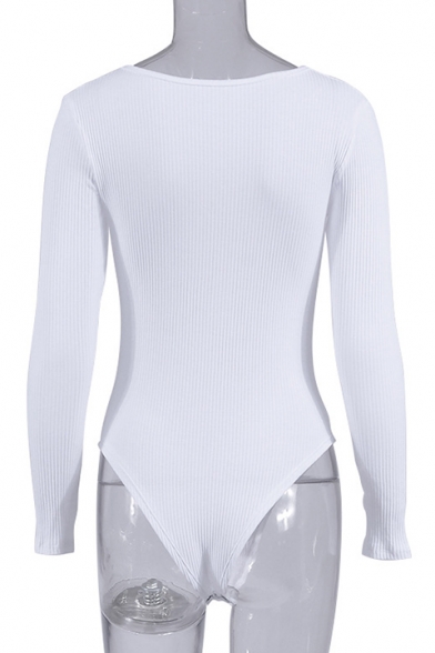 V Neck Drawstring Front Long Sleeve Plain Slim Bodysuit