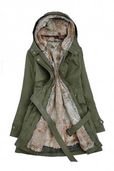 Winter Collection Long Sleeve Plain Zip Placket Parka Coat for Woman