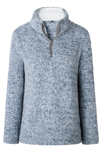 Winter Stand Collar Long Sleeve Faux Fur Half-Zip Sweatshirt