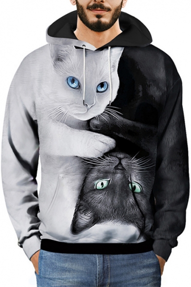 3D Cat Printed Chic Color Block Two-Tone Black and White Hoodie