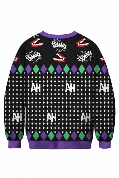 3D Christmas Clown Pattern Geometric Print Long Sleeve Crewneck Black Sweatshirt