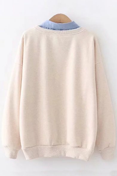 Chic Lapel Collar Patched Deer Horn Letter STAND BY ME Embroidered Long Sleeve Beige Sweatshirt