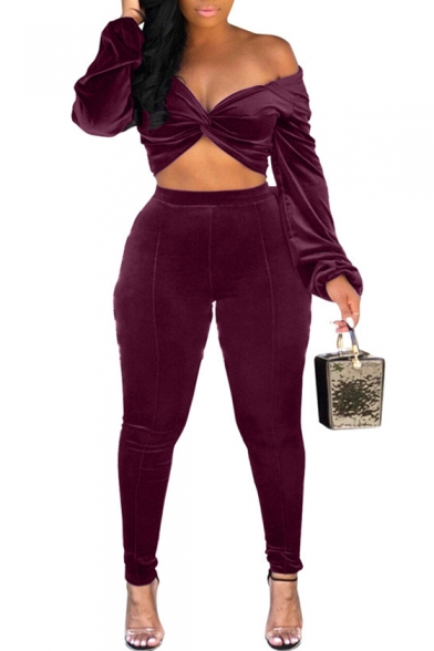Chic Twist Front Hooded Long Sleeve Top Skinny Fit Pants Velvet Purple Co-ords