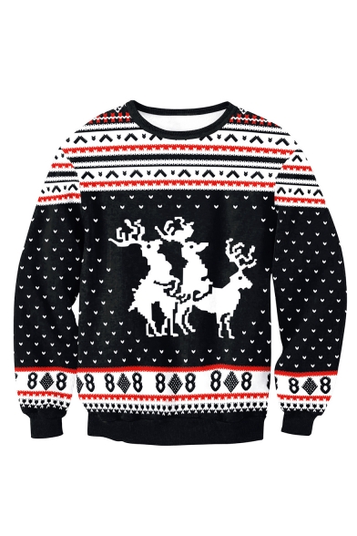 Christmas Elk Pattern Round Neck Long Sleeve Black Regular Fitted Sweatshirt