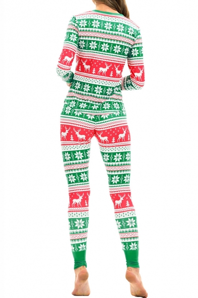 Christmas Snowflake Deer Pattern Long Sleeve V Neck Top Green Sleepwear Co-ords
