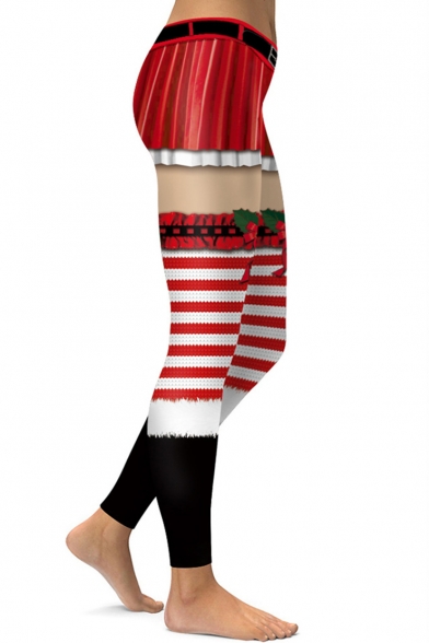Digital Striped Printed High-Rise Sports Yoga Red Leggings
