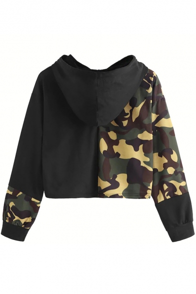 Fashion Camo Pattern Color Block Letter Print Long Sleeve Cropped Hoodie