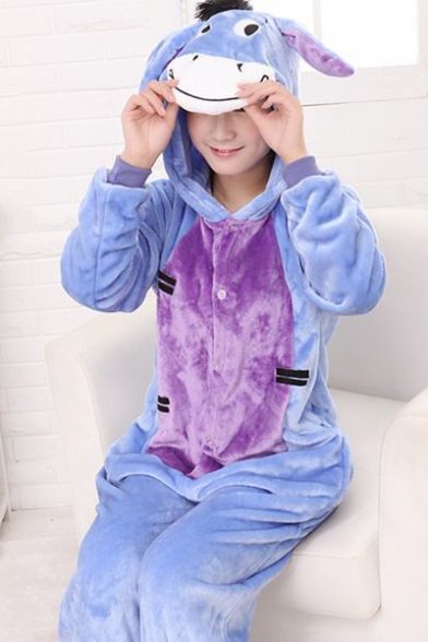 Fashion Two-Tone Long Sleeve Button Front Hooded Onesie Unisex Fleece Costume Donkey Pajamas