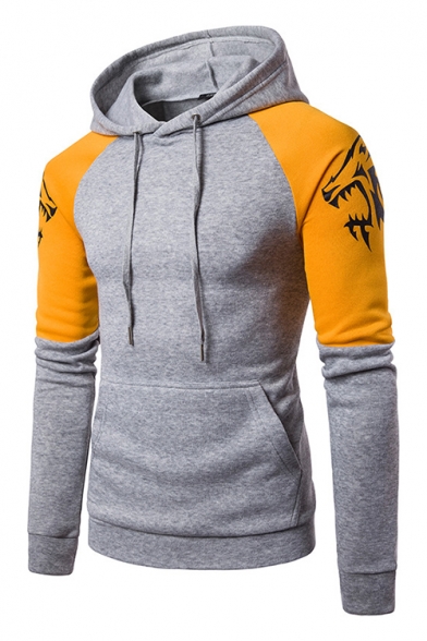 Fashion Wolf Totem Print Colorblock Long Sleeve Slim Fitted Hoodie for Men