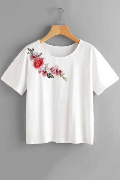 Hot Fashion Floral Embroidered Round Neck Short Sleeve White T-Shirt