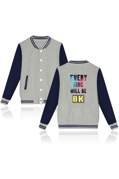Letter EVERYTHING WILL BE OK Color Block Stand Collar Button Front Baseball Jacket