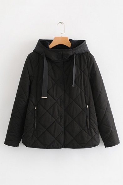 New Stylish Black Long Sleeve Hooded Button Front Cotton-Padded Coat for Women