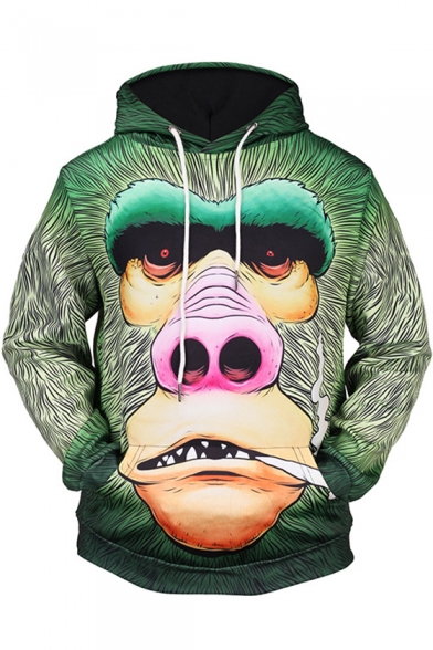 New Trendy 3D Green Ape Printed Long Sleeve Men's Casual Hoodie