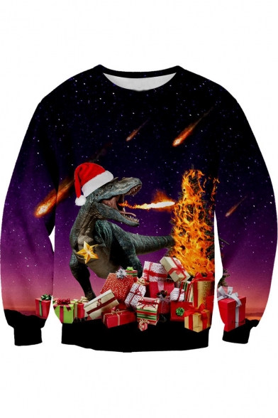 Popular 3D Christmas Fire Dinosaur Pattern Long Sleeve Round Neck Purple Sweatshirt