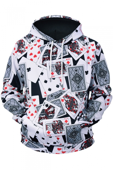 Unique 3D Poker Cards Pattern Long Sleeve Street Style White Hoodie