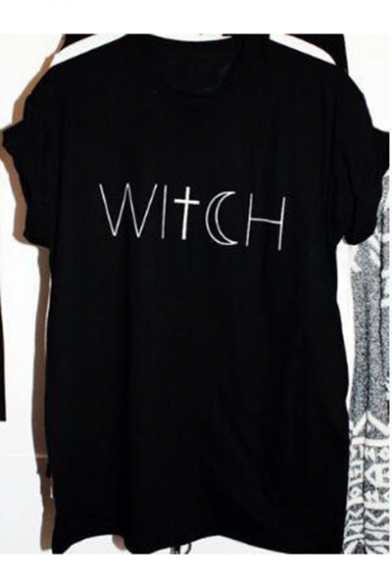 Unique Letter Cross Moon WITCH Printed Round Neck Short Sleeve Black Loose Tee Top