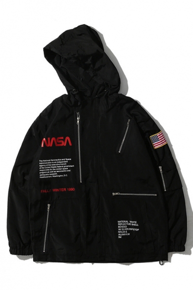 Unique Multi Zip Embellished Long Sleeve NASA Logo Pattern Hooded Zip Up Jacket