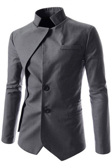 Unique Stand Up Collar Long Sleeve Button Front Patched Solid Slim Fitted Blazer Coat